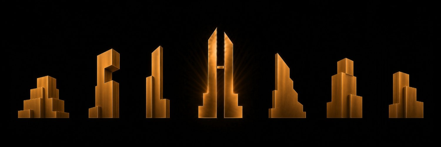 Seven gold Art Deco forms standing in a row